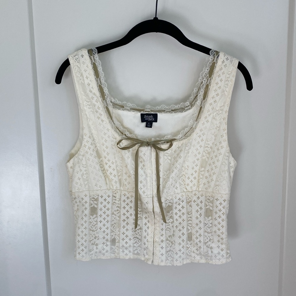Beverly and Beck Cream Lace Green Ribbon Top